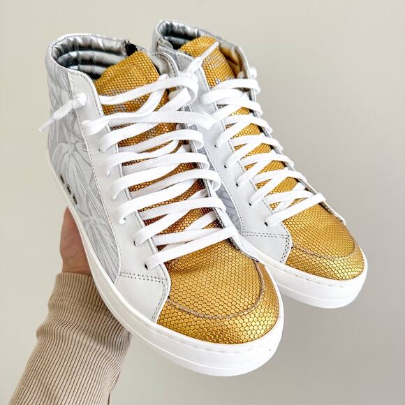 P448 Palm High Top Lace Up Round Toe Sneakers White/Gold 37 - Picture 4 of 10